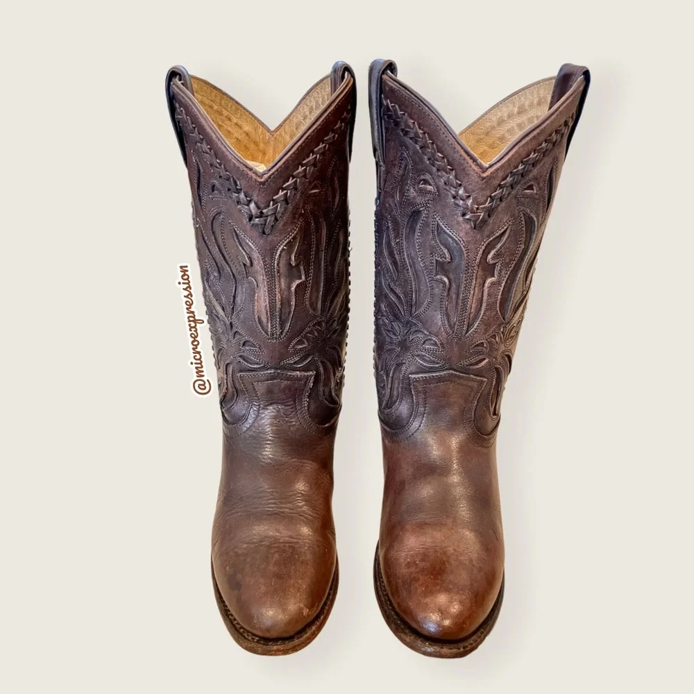 $429 Frye Wyatt Overlay Brown Leather Embroidered Pattern Tall Cute Cowboy Boot